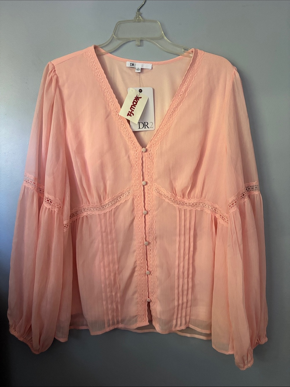 DR2 Peach Pink V-Neck Button-Front Lace Trim Blouse